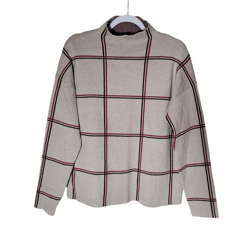 Tahari Mock Neck Sweater Women's Size XL Beige Red Black Windowpane Plaid Preppy
